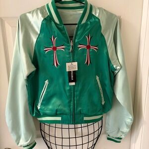 Baba Joon Reversible Satin Bomber Jacket Green Embroidery Sukajan Rose Sz S NWT